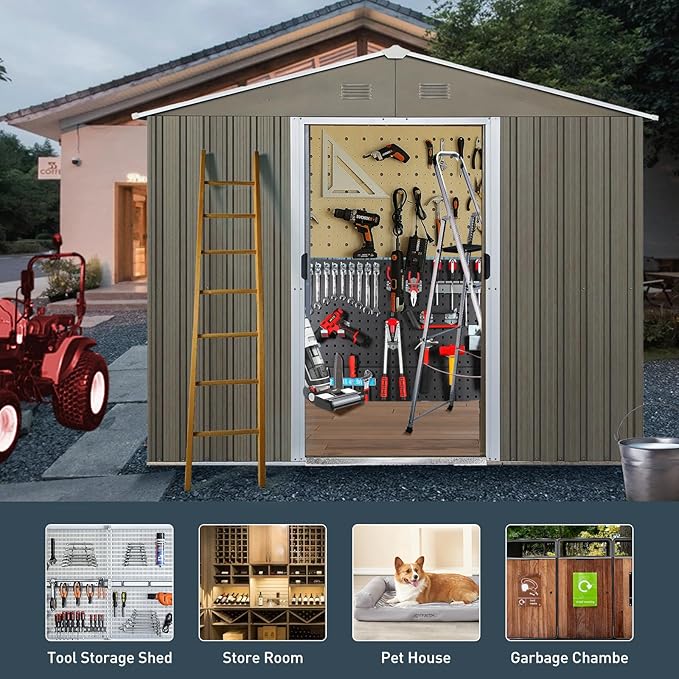 8x6 ft Outdoor Metal Storage Shed with Floor Foundation and Window, Lockable Galvanized Steel Tool Shed with Sliding Door and Air Vent, Waterproof Garden Storage House for Backyard, Patio