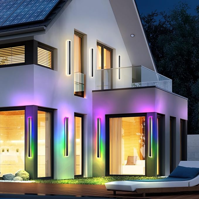 2 Pack Outdoor RGB Long Wall Lights, 57 inch Wall Lights RGB/Warm/White Dimmable Modern Led Wall Lighting, Ip65 Waterproof Wall Sconce with Remote APP Control for Outdoor/Indoor Party Gathering