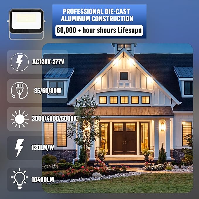 LAMPHOME LED Flood Lights Outdoor 35/60/80W and 3000/4000/5000K Adjustable 10400Lm,Dusk-to-Dawn Sensor o Dawn Flood Light for Yard, Garage, Garden,UL Listed,Includes Include Slip Fitter Mount