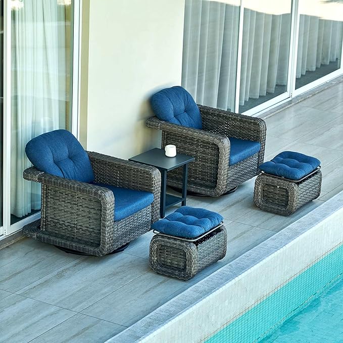Patio Glider Swivel Rocker Sets: 5piece Patio Furniture Sets, 360° Swivel Rocking Chairs with Ottoman, Rust-Resistant Cushion -Perfect for Backyard/Deck/Porch/Balcony Decors- Gray Wicker,Blue Cushion
