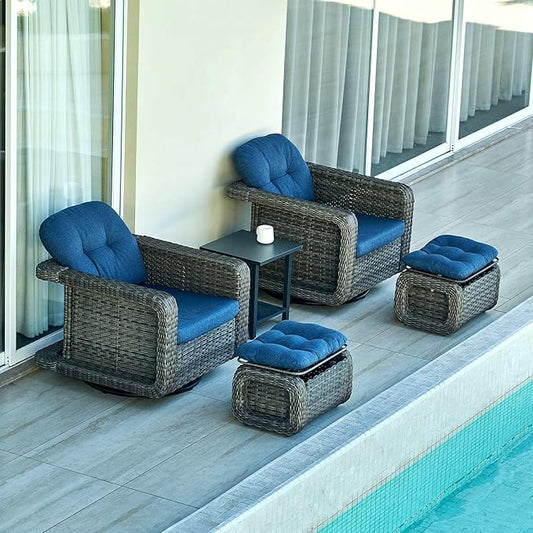 Patio Glider Swivel Rocker Sets: 5piece Patio Furniture Sets, 360° Swivel Rocking Chairs with Ottoman, Rust-Resistant Cushion -Perfect for Backyard/Deck/Porch/Balcony Decors- Gray Wicker,Blue Cushion
