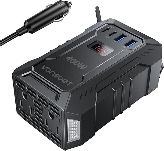 400W Car Power Inverter DC 12V to 110V AC Inverter with PD 30W/15W USB C+2*USB A Ports & 2 AC Outlets, Car Plug Adapter Outlet for Laptop/Phone/Road Trip