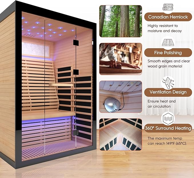 Far Infrared Home Sauna Room,2160W 7 Color Light Therapy Lamp Dry Saunas for Home,Infrared Sauna 2-3 Person,Canadian Hemlock Indoor Sauna Spa with Oxygen Bar,Starry Night Light Canopy