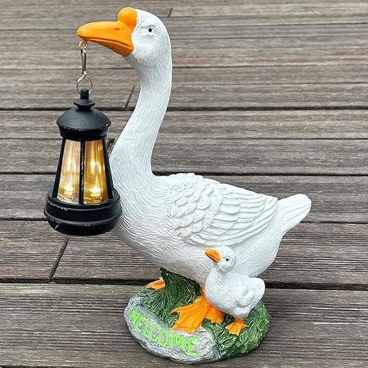 Solar Porch Goose Statue, Outdoor Goose Decor with Lantern for Yard Lawn Patio Balcony, Birthday Christmas Housewarming Gifts for Mom, Grandma, Women,12 Inch,Resin