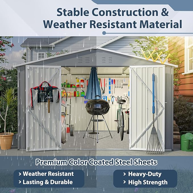 10X8 FT Outdoor Storage Shed, All Weather Metal Sheds withLockable Doors, Tool Shed for Garden, Patio, Backyard, Lawn, Grey