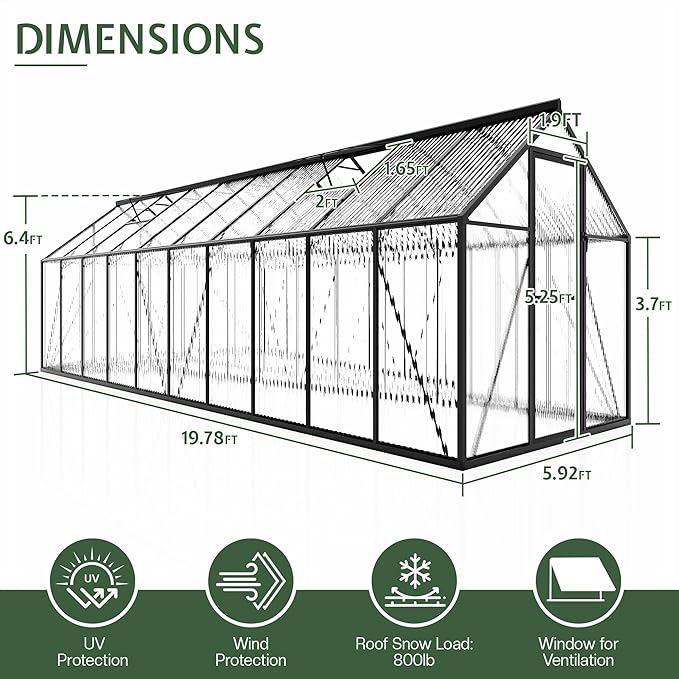 Jocisland 6x20Ft Polycarbonate Greenhouses for Outdoors, 2 Top-Opening Windows, Swing Doors, Aluminum Walk-in Heavy Duty for Outdoor Use, Backyard Garden, Black