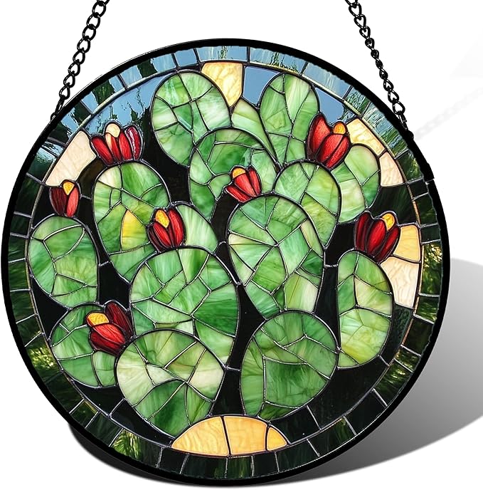Stained Glass Window Hanging - Green Cactus Suncatcher for Doors Garden Patio Retro Plants Sun Catchers Decor Christmas Mother's Day Birthday Gifts for Women Men Mom Nana Friend 7.8 in