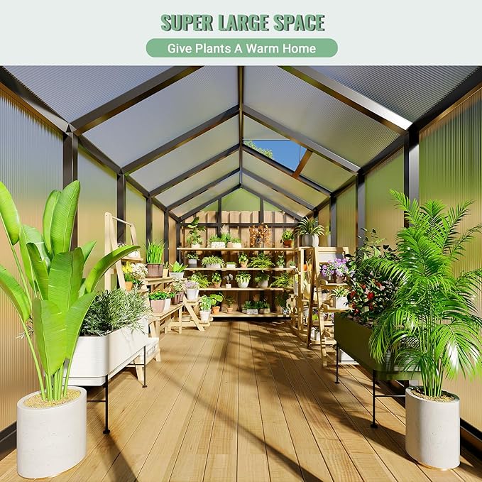 6x10 FT Greenhouse, Easy Assembly Aluminum Polycarbonate Greenhouses for Outdoors with Roof Vent, Large Aluminum Walk-in Greenhouse for Sunroom Patio, Backyard, Garden, Sliding Lockable Door, Black