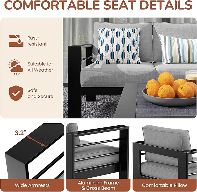 Solaste Aluminum Patio Furniture Set with Fire Pit Table, 4 Piece Metal Outdoor Furniture with Water-Resistant Cushions, Modern Patio Conversation Set for Backyard,Black Frame and Grey Cushion