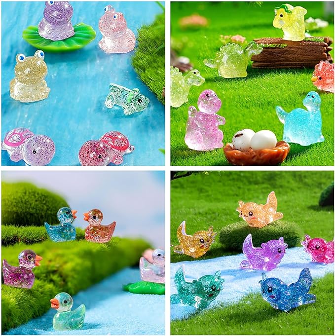 Mini Glitter Ducks 200 Pcs Tiny Duck Figures Luminous Resin Dinosaur Turtle Frog Axolotls to Hide Plastic Animal for DIY Garden Miniatures Fairy Garden Accessories (8 Styles)
