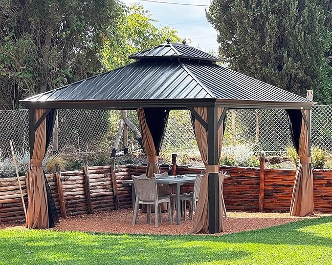 PURPLE LEAF 12' X 14' Outdoor Hardtop Gazebo Permanent Outside Heavy Duty Sun Shade Deck Canopy for Patio All Weather Aluminum Metal Roof Backyard Pavilion with Netting and Curtains