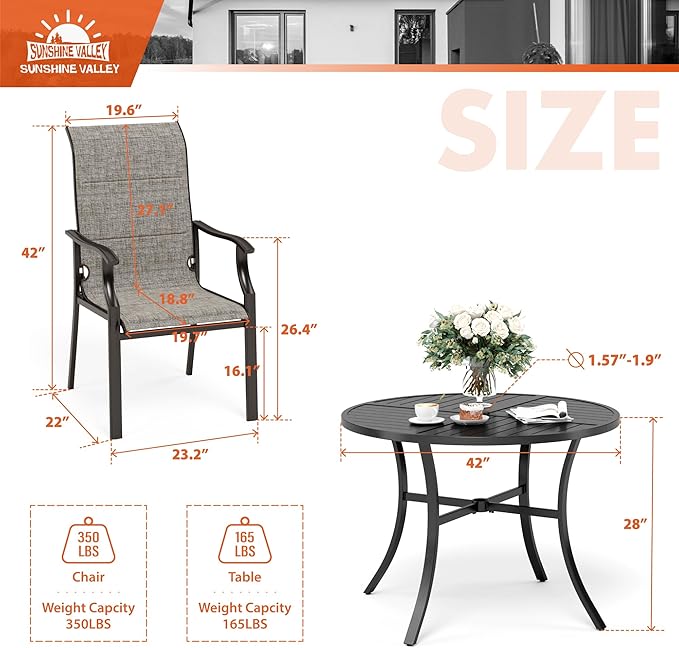 5 Piece Patio Dining Set for 4, Outdoor Table and Chairs Set with Round Patio Table(1.57"-1.9" Hole) and 4 Textilene Patio Dining Chairs, Outdoor Dining Sets for Deck Backyard Garden