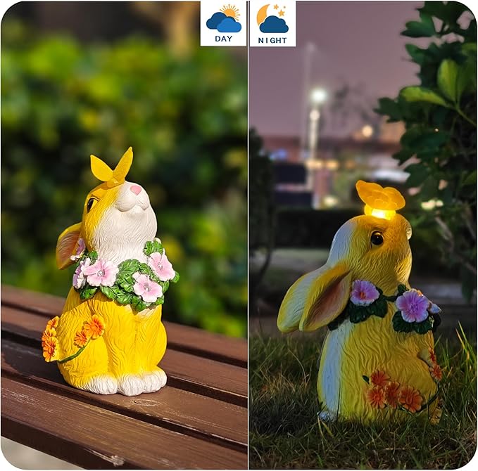 Solar Resin Rabbit Garden Outdoor Statue – Yellow Bunny Figurines with LED Floral Wreath & Butterfly, Decor for Patio Lawn Porch Yard Ornaments for Mom Grandma Wife