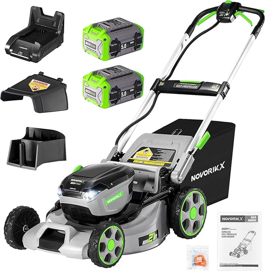 60V Self-Propelled Lawn Mower 21-Inch, Brushless Cordless Mower for Large Yards, Electric with LED Headlight, 2X5.0Ah Batteries & Rapid Charger
