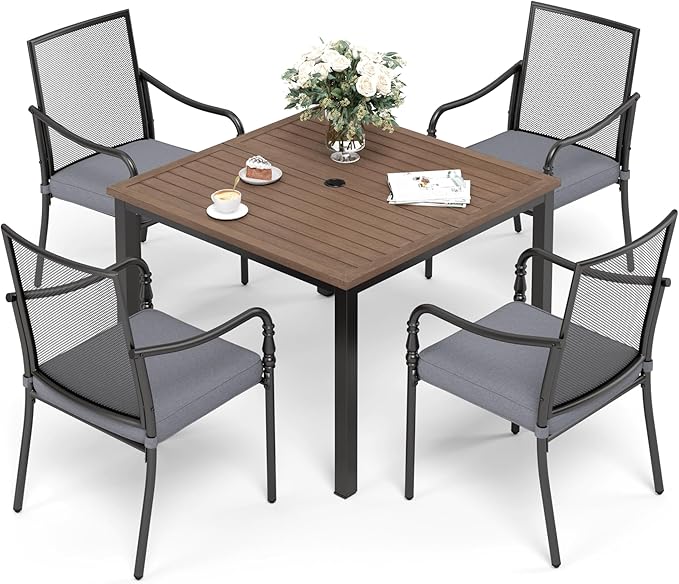 Patio Table and Chairs Set of 4, All-Weather Breathable Metal Mesh Patio Chair with Gourd-Shaped Armrests, 42x42 Wood-Like Table with Umbrella Hole, 5 Pcs Metal Frame Patio Dining Set