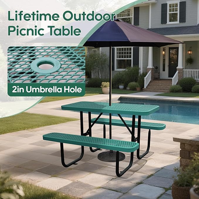 4FT Outdoor Picnic Tables,Heavy-Duty Metal Rectangular Picnic Table,Expanded Metal Commercial-Grade Table with 2 Benches & Umbrella Hole,Waterproof Coating Beach Table for Patio,Garden, Backyard