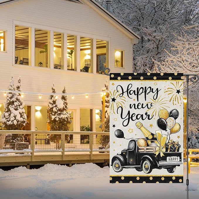 Heyfibro Happy New Year Truck Garden Flag 12x18 Inch Double Sided Black Gold Champagne Balloon Garden Flag Decorative Firework Yard Flags for Outside House Farmhouse Holiday Outdoor Decoration