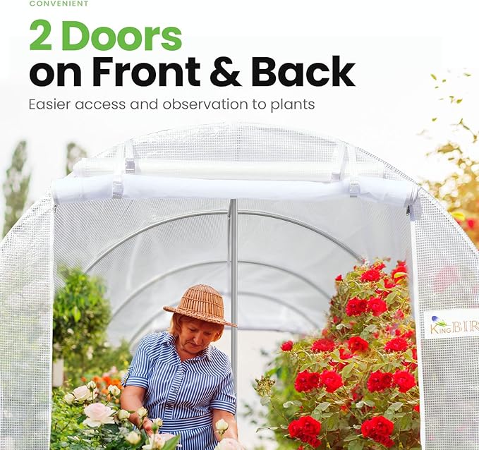 KING BIRD Premium 15x6.6x6.6FT Greenhouse for Outdoors, Large Walk-in Heavy Duty Galvanized Frame, Screen Mesh Door Window Reinforced Zipper Tunnel Hoop for Garden Plant Winter, White