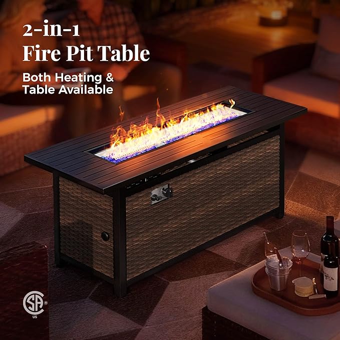 Patio Furniture Set, 6 Pcs Wicker Rattan Outdoor Conversation Set, 2 x Leg Chairs, 1 x 3 Seater Sofa and 2 x Ottoman with 4" Thick Cushion and 56" Fire Pit Table, Beige