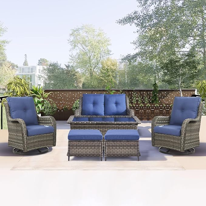 Rilyson 6 Piece Outdoor Patio Furniture Set - Rattan Wicker Patio Conversation Sets with 2 Swivel Rocker Chairs,2 Ottomans,1 Loveseat and 1 Coffee Table for Outside Porch Deck Yard(Mixed Grey/Blue)