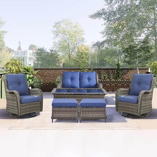 Rilyson 6 Piece Outdoor Patio Furniture Set - Rattan Wicker Patio Conversation Sets with 2 Swivel Rocker Chairs,2 Ottomans,1 Loveseat and 1 Coffee Table for Outside Porch Deck Yard(Mixed Grey/Blue)