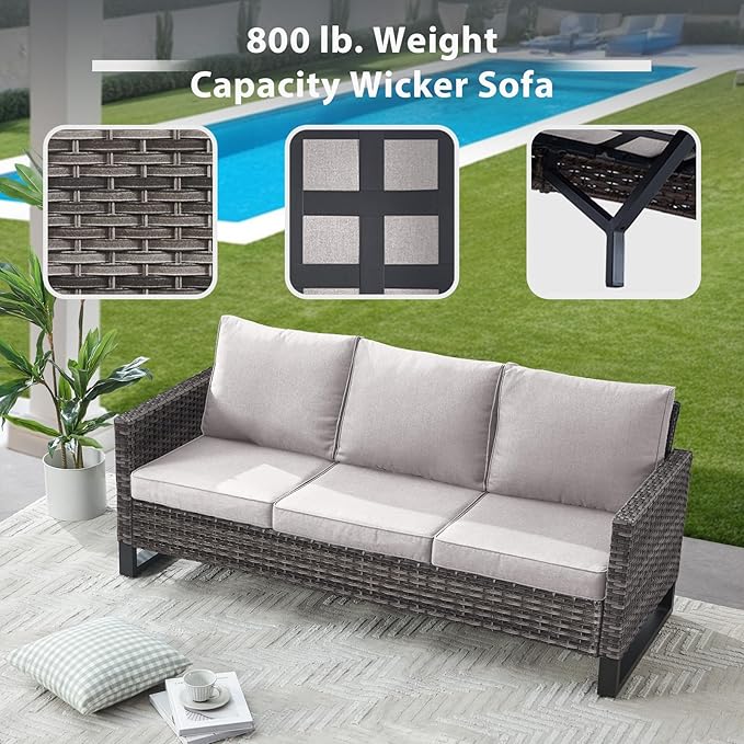 4 Piece Wicker Patio Furniture with Fire Pit Table - Outdoor Conversation Set with 50,000 BTU Fire Pit, All Weather Rattan Patio Set for Deck Backyard Garden - Grey Wicker Beige Cushion