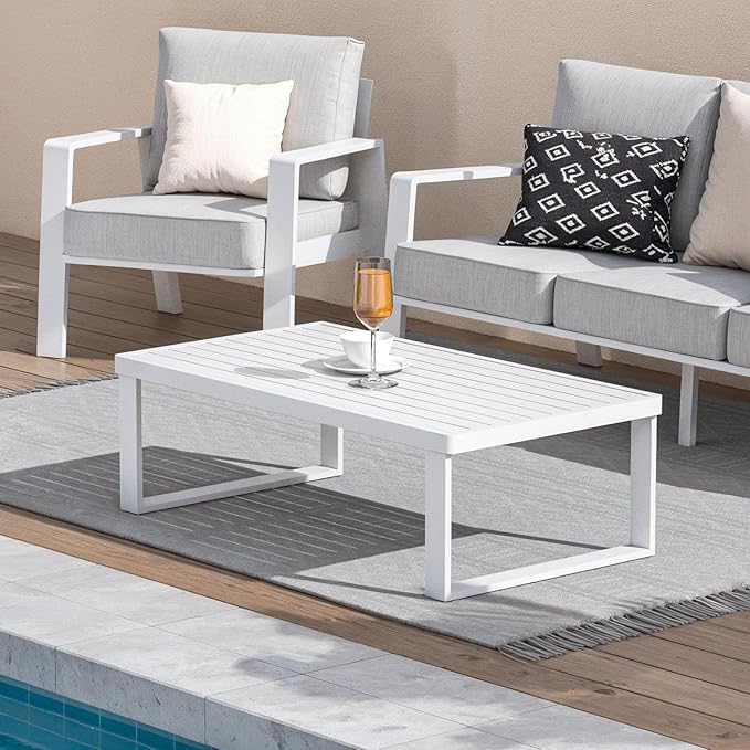 Aluminum Outdoor Coffee Table - White Rectangle Patio Tables for Deck, and Poolside