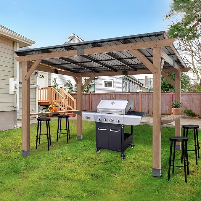 8x10 FT Wood Grill Gazebos, BBQ Wooden Gazebo with Hardtop Sloping Steel Roof, Wood Outdoor Gazebo Pavilion with 2 Side Storage Shelves,Cedar Frame Patio Tent for Barbecue, Garden, Deck