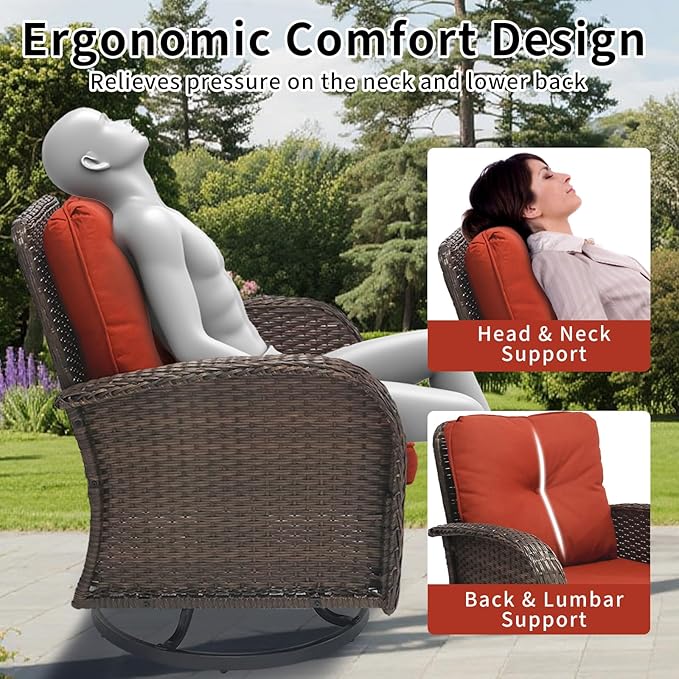 3 Pieces Patio Furniture Set, Outdoor Swivel Rocking Chair Set of 2 with Side Table - 360° Swivel, Thick Cushions, All-Weather Bistro Set for Deck, Porch, Pool(Red, Brown Full-Weave Rattan)