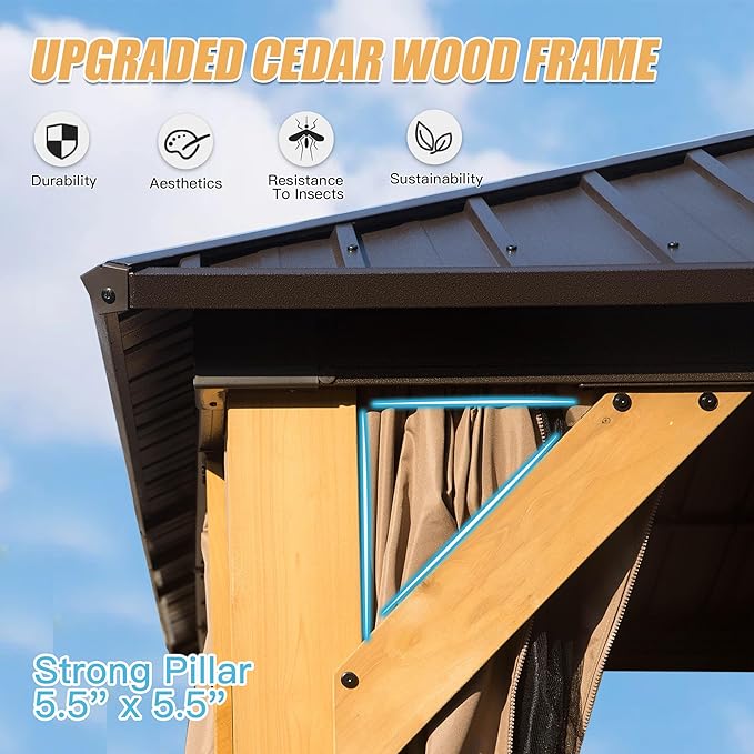 Domi 10' X 14' Wood Gazebo, Cedar Frame Hardtop Gazebo with Galvanized Steel Double Roof, Netting & Curtains, Patio Pergola Pavilion for Patio, Backyard, Deck, Lawns