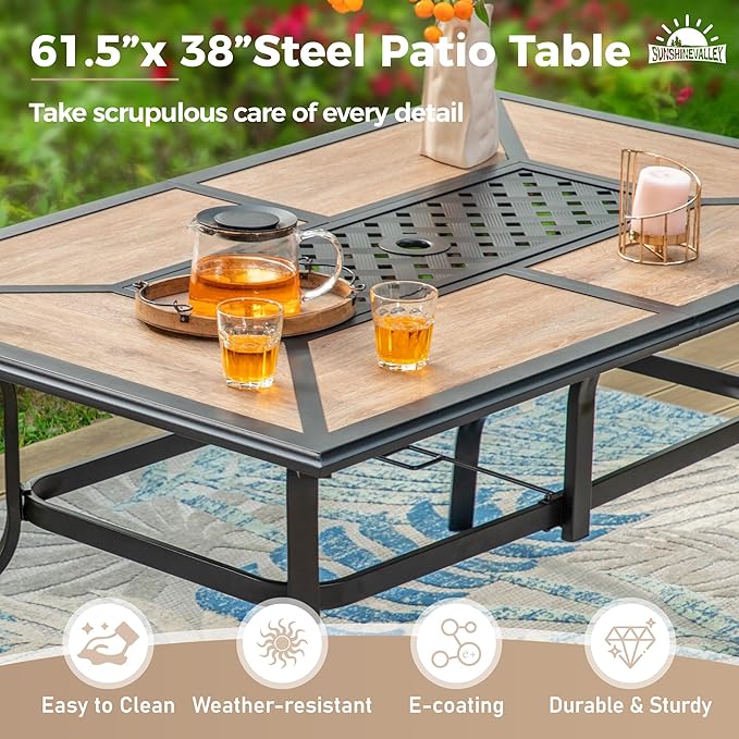 7 Pcs Patio Dining Set for 6, Metal Rectangular Dining Table (PVC Table Top) with Umbrella Hole and 6 Chairs, Outdoor Dining Set for Lawn Garden Deck, Brown