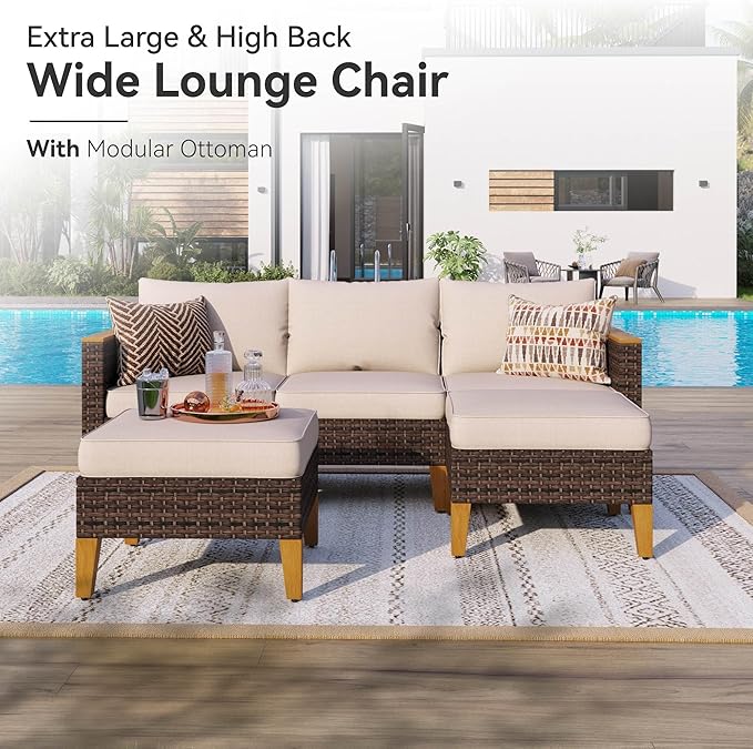 GREEN PARTY 7 Pieces Wicker Patio Furniture Set, All-Weather Outdoor Rattan Patio Sectional Sofa Conversation Set 7 Seats with 4" Thick Cushions for Garden, Backyard, 2 x Ottomans