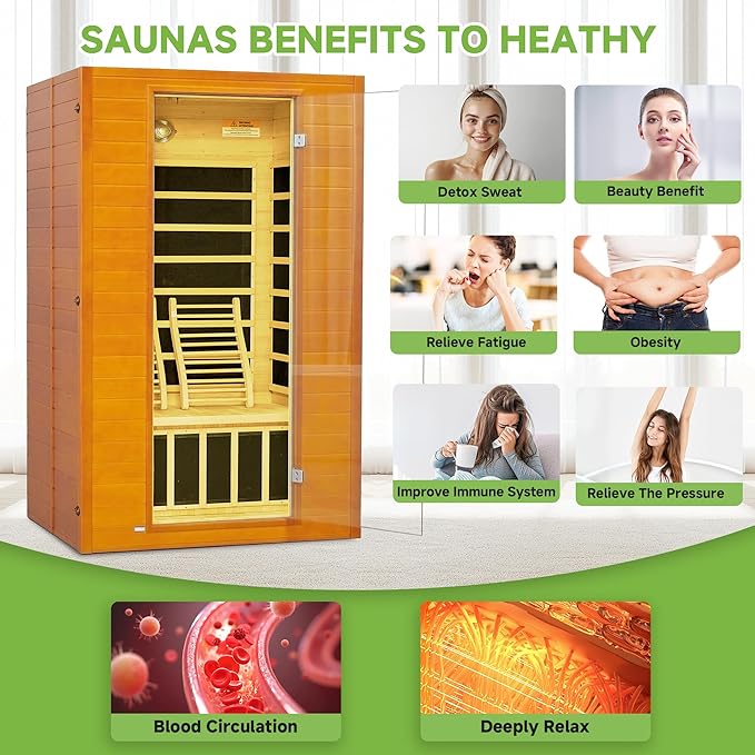 Real Relax Far Infrared Sauna for Home, 2 Person Indoor Home Sauna with Low Emf Red Light Therapy, Canadian Hemlock Wooden Dry Saunas Room with Bluetooth Speakers, 9-Color Chromotherapy Lights