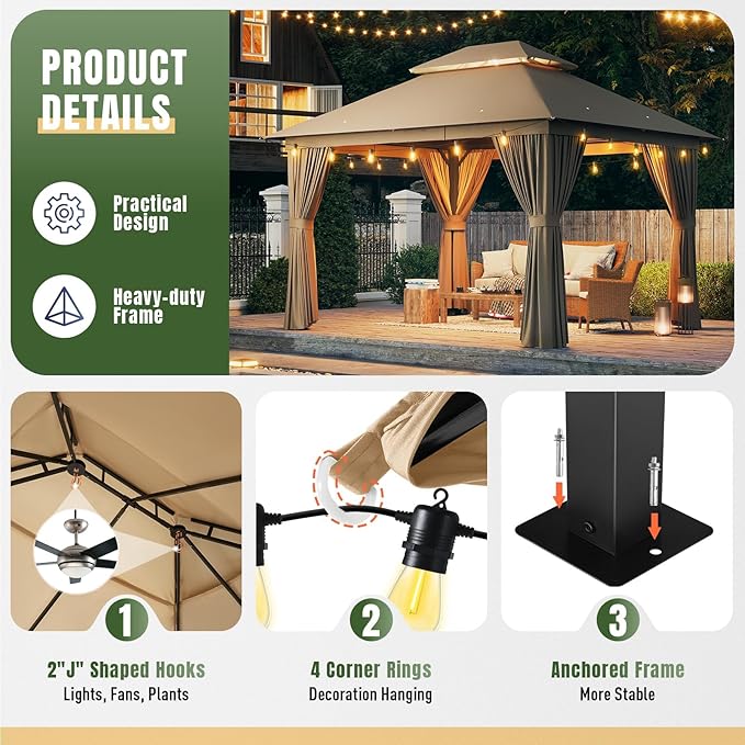 AOXUN Outdoor Gazebo for Patio 10x12, Metal Frame Canopy with Double Roofs, Heavy Duty Party Tent and Shelter with Mosquito Netting and Privacy Screen for Backyard, Lawn, Garden, Deck