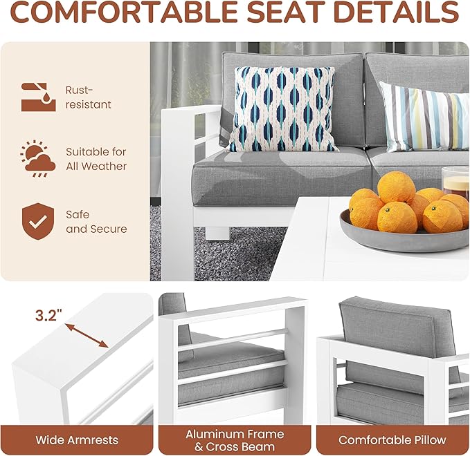 Solaste Outdoor Aluminum Furniture Set - 4 Pieces Patio Sectional Chat Sofa Conversation Set with Table,White