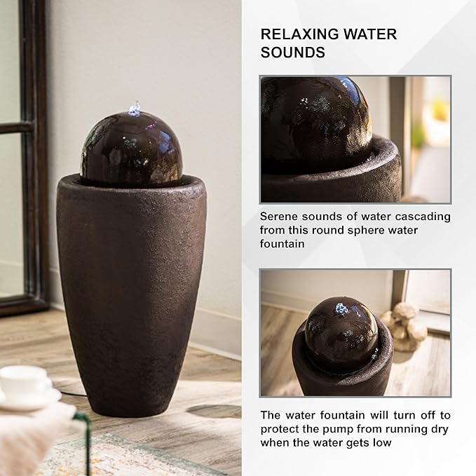 XBrand 25.98" H Round Stone Indoor/Outdoor Modern Stone Textured Sphere Water Fountain with LED Lights, Ball Fountain Decor for Garden, Patio, Outdoor, Brown