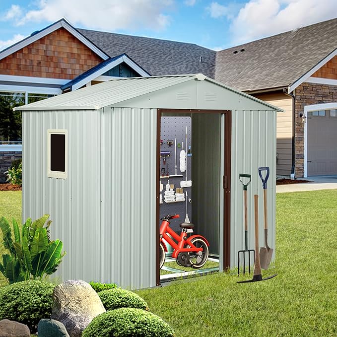 8x4 ft Outdoor Metal Storage Shed with Floor Foundation and Window, Lockable Galvanized Steel Tool Shed with Sliding Door and Air Vent, Waterproof Garden Storage House for Backyard, Patio