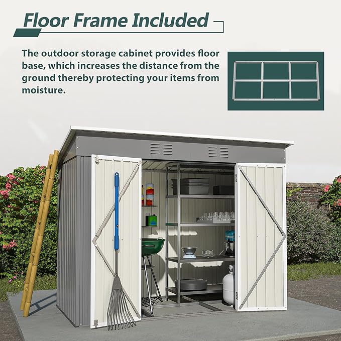 4X8 FT Outdoor Storage Shed W/Floor Base,Metal Shed W/Lockable Door & 2 Air Vents,All Weather Garden Tool House W/Updated Frame Structure,for Backyard Patio Lawn,Gray