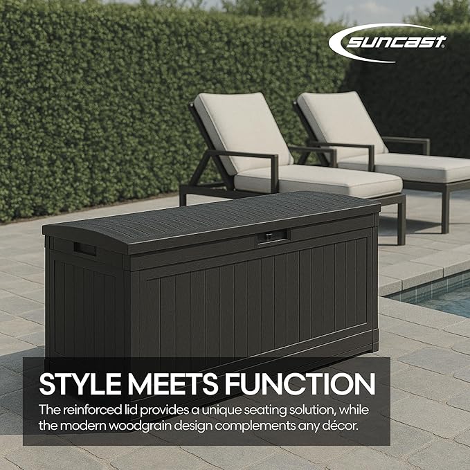 Suncast 80-Gal. Waterproof Resin Large Outdoor Patio Deck Box with Pad-Lockable Lid, Modern Outdoor Patio Bench/Storage Box for Cushions, Garden Tools, and More, Iron Ore