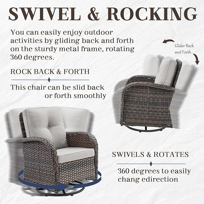 HUMMUH 5 Pieces Wicker Patio Furniture Set,Outdoor Swivel Gliders Rocker,Patio Ottomans,Glass Top Side Table,Outdoor Conversation Set for Porch Deck Backyard Poolside