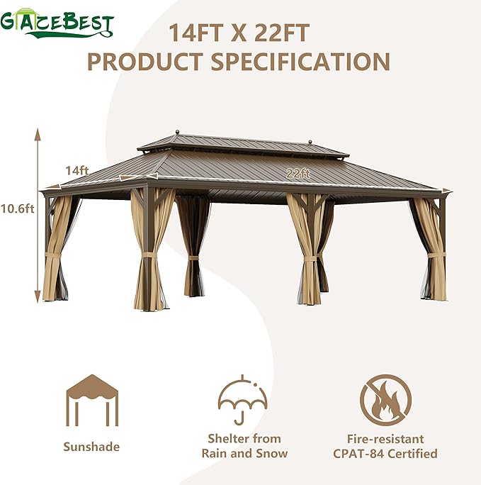 14'x22' Hardtop Gazebo Outdoor Aluminum Patio Gazebo Double Roof Galvanized Steel Canopy with Netting and Curtains for Garden, Backyard, Deck and Lawns