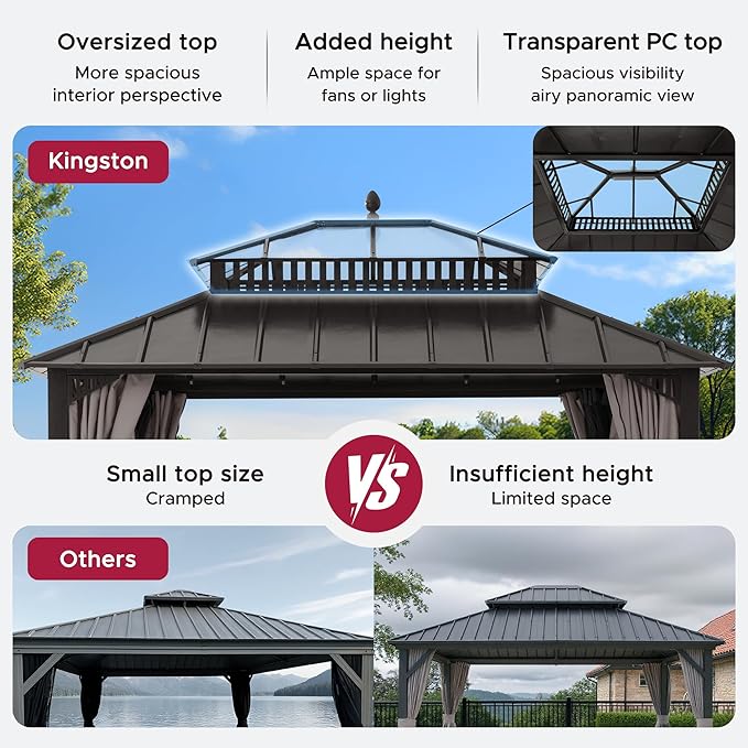 SUNJOY Kingston 12' x 10' Hardtop Gazebo with Galvanized Steel/Polycarbonate Double Roof, Curtain and Netting, Brown Aluminum Posts Permanent Pavilion Gazebo for Garden, Patio, Deck, Lawn