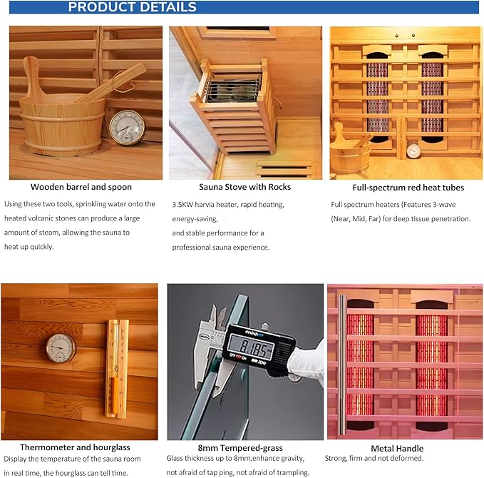 Luxury Dual-System Wood Sauna Room for 2-3 Person, Hybrid Indoor Sauna Spa,Canadian Hemlock, 4.5KW Heater, 195°F Steam+149°F Far Infrared, 10 Heating Elements, 220V, Oxygen Ionizer, 8mm Tempered-grass