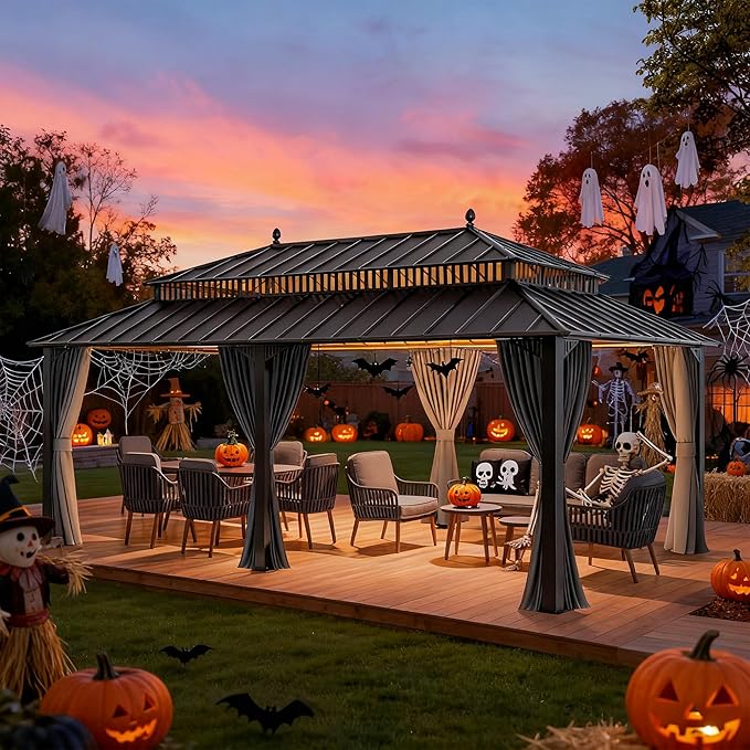 SUNJOY Kingston 20' x 12' Hardtop Gazebo with Galvanized Steel Double Roof, Curtain and Netting, Gray Aluminum Posts Permanent Pavilion Gazebo for Garden, Patio, Deck, Lawn