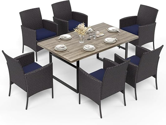 HERA'S HOUSE 7-Piece Patio Dining Set, 6 x Outdoor Rattan Armchair with Removable Cushions, 1 x 64 Inches Rectangular Patio Table with 1.57"-1.9" Umbrella Hole for Patio, Lawn, Garden, Porch