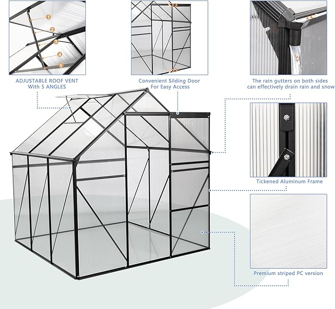 Favfurish 6x6 FT Polycarbonate Walk-in Greenhouse, All Season Garden Green Houses, Aluminum Hot House w/ Raised Base, Adjustable Vent Roof & Sliding Door for Outdoor Backyard, Black