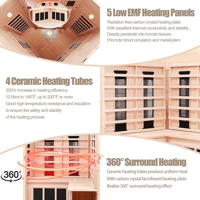 Ceramic Infrared Sauna 2 Person Far Infrared Sauna Low EMF Indoor Saunas for Home Hemlock Wooden Sauna Room with Bluetooth Speakers, LED Reading Lamps, Chromotherapy Lights