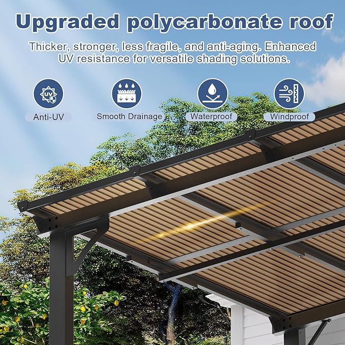 MEISSALIVVE 12' x 20' Wall Mounted Gazebo, Outdoor Pergola Gazebo, Lean to Metal Awnings Gazebos, Gazebo Pergola with Sloped Roof, Outdoor Patio Gazebo Awning, Black