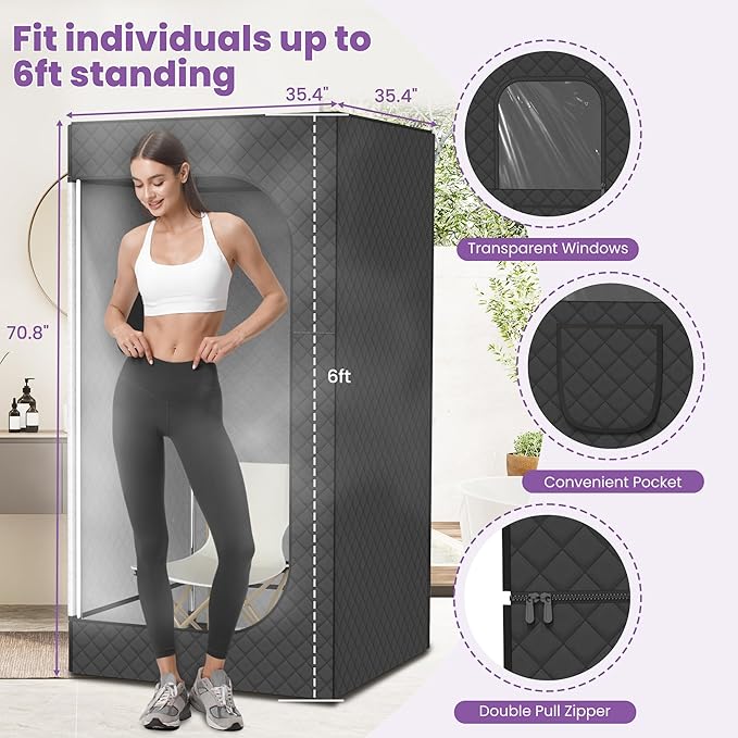 Portable Sauna for Home, EASYINBEAUTY Large Size Home Sauna Box with 3L 1200W Steamer, 9 Levels Heat, Remote Control - Personal Steam Room Tent for Full Body Relaxation (2.9'Lx2.9'Wx5.9'H, Black)