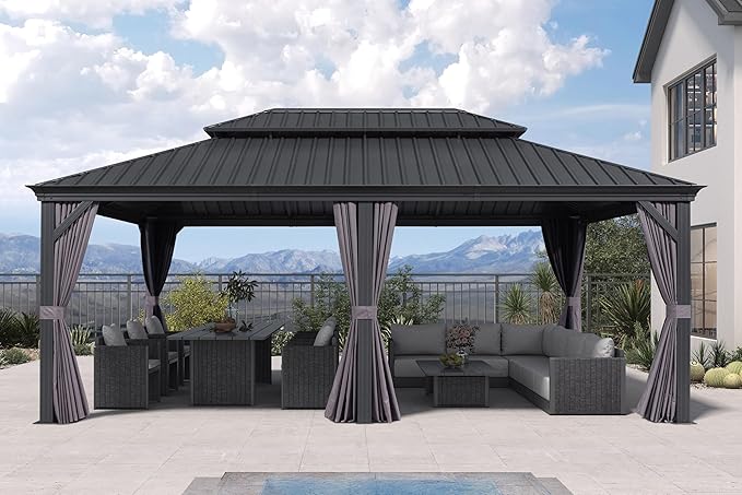 PURPLE LEAF 13' X 20' Permanent Hardtop Gazebo Aluminum Gazebo with Galvanized Steel Double Roof for Patio Lawn and Garden, Curtains and Netting Included Grey